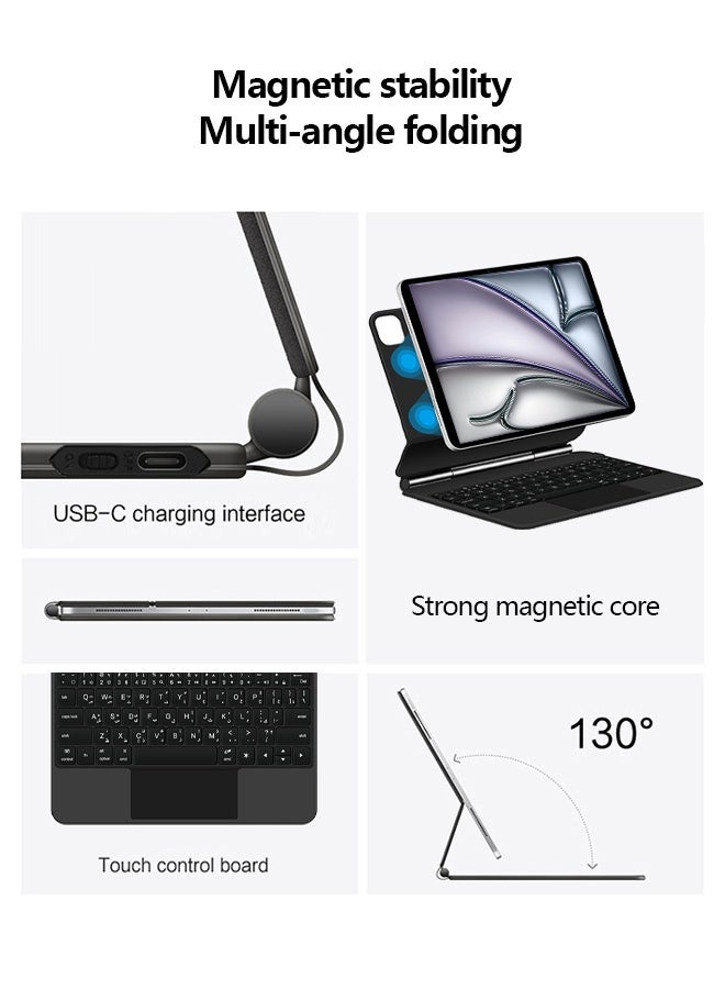 نُوِيق 【العربية والإنجليزية】جراب لوحة مفاتيح ماجيك لجهاز iPad Air 13 بوصة (M4، 2026/M3، 2025/M2، 2024) / iPad Pro 12.9 بوصة (الجيل السادس/الخامس/الرابع/الثالث)، جراب لوحة مفاتيح مع حامل مغناطيسي، لوحة لمس متعددة اللمس، تحكم بالإيماءات، إضاءة خلفية بـ 7 ألوان (أسود) - Image 4